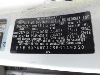 2011 Kia Sorento SX with VIN 5XYKWDA28BG149350, listed as a IAAI auction lot 41738960 with 190,218 mi miles. Bid and sale history available at carsss.com. Image 9.