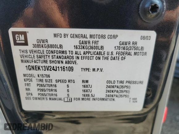 2004 Chevrolet Tahoe LS with VIN 1GNEK13V24J116109, listed as a Copart auction lot 68289994 with 145,806 mi miles and Salvage Title. Bid and sale history available at carsss.com. Image 14.