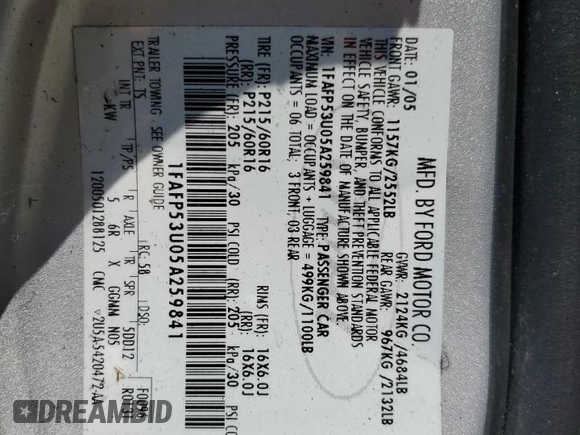 2005 Ford Taurus SE с VIN 1FAFP53U05A259841, выставлен на аукционе Copart как лот 57255835 с пробегом 179 821 миль миль и Списание • Salvage title. История ставок и продаж доступна на DreamBid. Изображение 12.