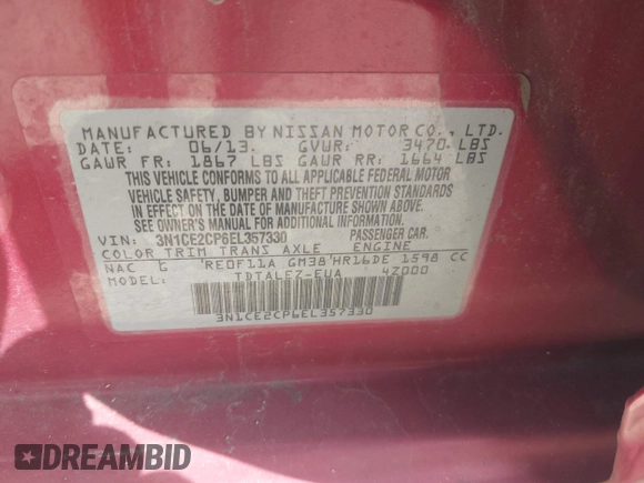 2014 Nissan Note S Plus с VIN 3N1CE2CP6EL357330, выставлен на аукционе IAAI как лот 42587459 с пробегом 148 123 миль миль и . История ставок и продаж доступна на DreamBid. Изображение 9.