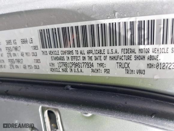 2010 Dodge Ram 1500 SLT with VIN 1D7RB1CP9AS177934, listed as a IAAI auction lot 41492739 with 226,483 mi miles. Bid and sale history available at carsss.com. Image 9.