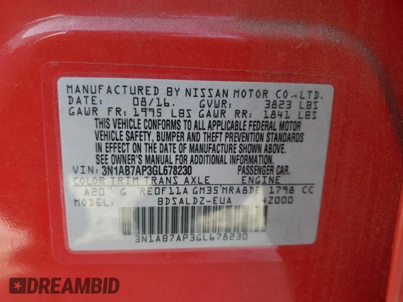 2016 Nissan Sentra SR with VIN 3N1AB7AP3GL678230, listed as a Copart auction lot 51175975 with 91,924 mi miles and Salvage Title. Bid and sale history available at DreamBid. Image 14.