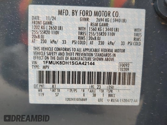 2025 Ford Explorer Active with VIN 1FMUK8DH1SGA42144, listed as a Copart auction lot 49801365 with 3,239 mi miles and Salvage Title. Bid and sale history available at carsss.com. Image 14.