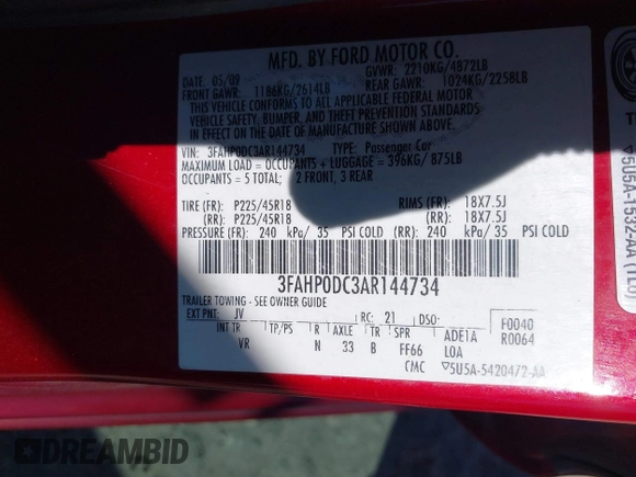 2010 Ford Fusion SPORT with VIN 3FAHP0DC3AR144734, listed as a IAAI auction lot 41853231 with 167,662 mi miles. Bid and sale history available at carsss.com. Image 9.