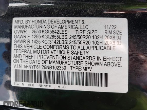 2022 Honda Pilot Special Edition with VIN 5FNYF6H26NB102339, listed as a IAAI auction lot 41194432 with 54,121 mi miles. Bid and sale history available at carsss.com. Image 9.