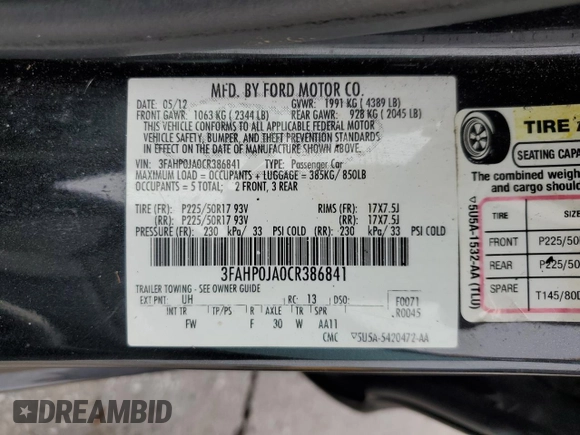 2012 Ford Fusion SEL with VIN 3FAHP0JA0CR386841, listed as a Copart auction lot 61587325 with 129,572 mi miles and Salvage title. Bid and sale history available at DreamBid. Image 13.
