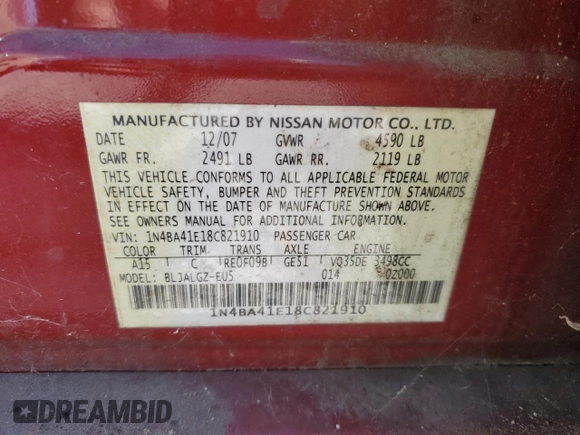 2008 Nissan Maxima 3.5 SL with VIN 1N4BA41E18C821910, listed as a Copart auction lot 77450814 with 109,061 mi miles and Salvage Title. Bid and sale history available at carsss.com. Image 13.