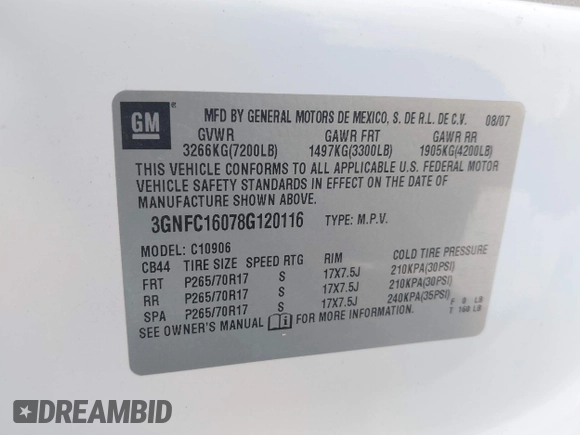 2008 Chevrolet Suburban LTZ with VIN 3GNFC16078G120116, listed as a IAAI auction lot 42691043 with 178,539 mi miles and . Bid and sale history available at DreamBid. Image 9.