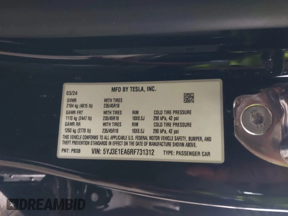 2024 Tesla Model 3 with VIN 5YJ3E1EA6RF731312, listed as a IAAI auction lot 41987407 with 5,025 mi miles and . Bid and sale history available at DreamBid. Image 9.