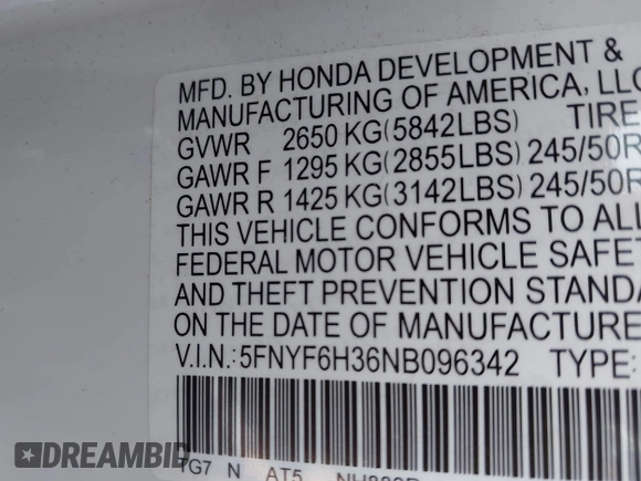 2022 Honda Pilot Sport with VIN 5FNYF6H36NB096342, listed as a IAAI auction lot 42377892 with 25,829 mi miles and . Bid and sale history available at DreamBid. Image 9.