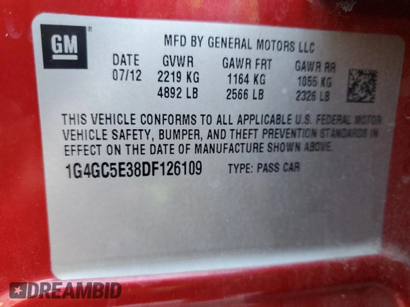 2013 Buick LaCrosse Leather with VIN 1G4GC5E38DF126109, listed as a Copart auction lot 50640505 with 151,555 mi miles and Salvage title. Bid and sale history available at DreamBid. Image 14.