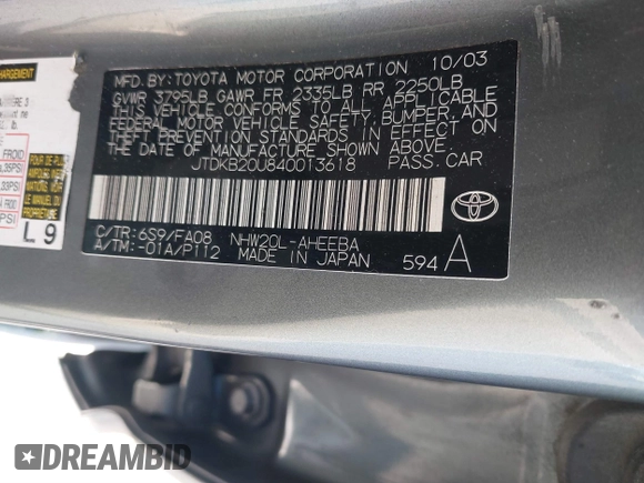 2004 Toyota Prius with VIN JTDKB20U840013618, listed as a IAAI auction lot 41867666 with 287,478 mi miles. Bid and sale history available at carsss.com. Image 9.