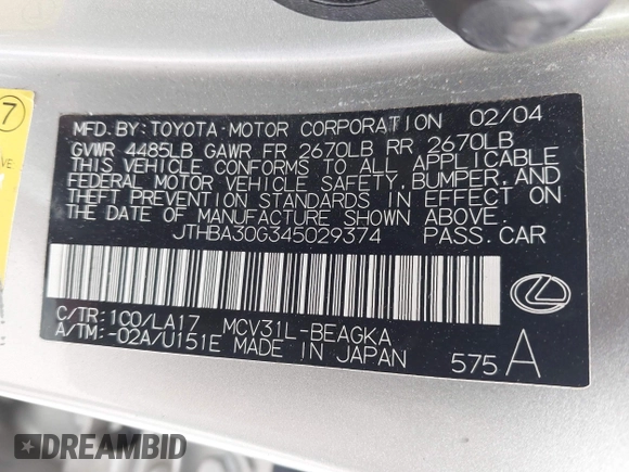 2004 Lexus ES 350 with VIN JTHBA30G345029374, listed as a IAAI auction lot 42078145 with 179,547 mi miles and . Bid and sale history available at DreamBid. Image 9.