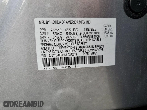 2019 Acura MDX with VIN 5J8YD4H33KL037219, listed as a Copart auction lot 58569505 with 28,215 mi miles and Salvage title. Bid and sale history available at DreamBid. Image 13.