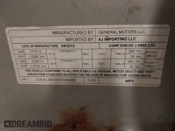 2015 GMC Terrain SLE with VIN 2GKALMEK5F6358468, listed as a IAAI auction lot 41991509 with 146,422 mi miles and . Bid and sale history available at DreamBid. Image 9.