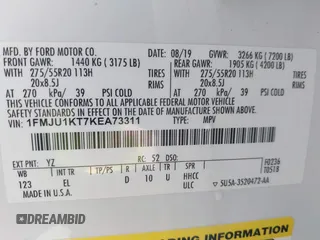 2019 Ford Expedition Limited with VIN 1FMJU1KT7KEA73311, listed as a IAAI auction lot 41678637 with 120,695 mi miles and . Bid and sale history available at DreamBid. Image 9.