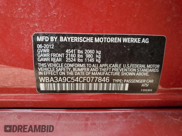 2012 BMW 3 Series 335i с VIN WBA3A9C54CF077846, выставлен на аукционе Copart как лот 80036784 с пробегом 123 864 миль миль и Списание • Salvage title. История ставок и продаж доступна на DreamBid. Изображение 12.