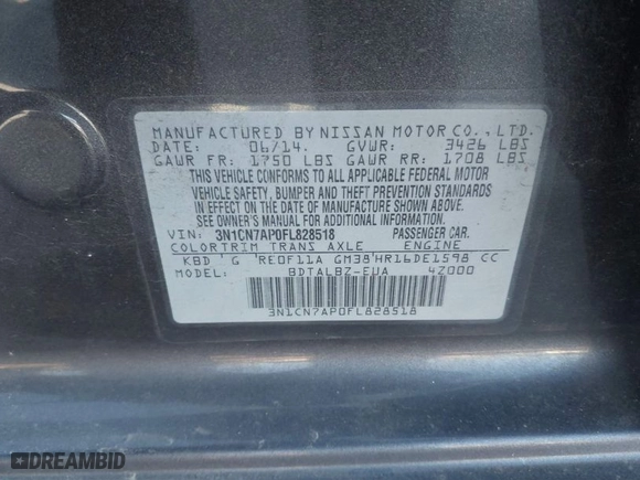 2015 Nissan Versa S Plus with VIN 3N1CN7AP0FL828518, listed as a IAAI auction lot 41713921 with NaN miles. Bid and sale history available at carsss.com. Image 9.