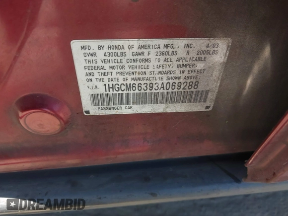 2003 Honda Accord LX with VIN 1HGCM66393A069288, listed as a IAAI auction lot 42486831 with 289,450 mi miles and . Bid and sale history available at DreamBid. Image 9.