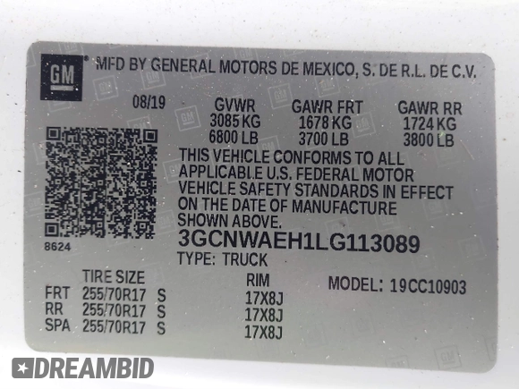 2020 Chevrolet Silverado 1500 Work Truck with VIN 3GCNWAEH1LG113089, listed as a IAAI auction lot 41315100 with 33,704 mi miles and . Bid and sale history available at DreamBid. Image 9.