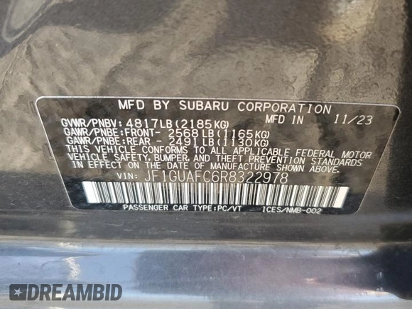 2024 Subaru Impreza Sport with VIN JF1GUAFC6R8322978, listed as a Copart auction lot 74507574 with 8,943 mi miles and Salvage Title. Bid and sale history available at carsss.com. Image 13.