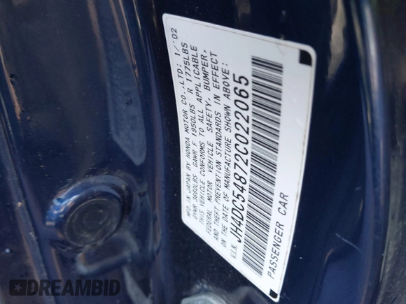 2002 Acura RSX Auto z VIN JH4DC54872C022065, wystawiony jako IAAI lot #42252610 z przebiegiem Nie podano mil oraz . Historia ofert i sprzedaży dostępna na DreamBid. Obrazek 9.