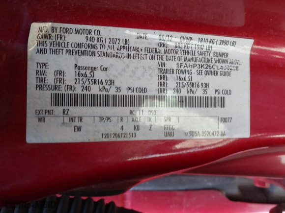 2012 Ford Focus SE with VIN 1FAHP3K26CL460206, listed as a IAAI auction lot 41844876 with 159,864 mi miles. Bid and sale history available at carsss.com. Image 9.