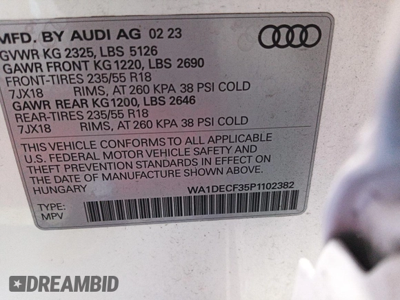 2023 Audi Q3 S line Premium with VIN WA1DECF35P1102382, listed as a IAAI auction lot 42734185 with 35,393 mi miles and . Bid and sale history available at DreamBid. Image 26.
