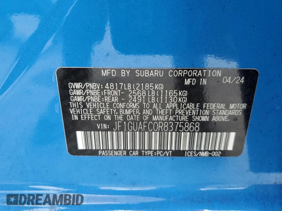 2024 Subaru Impreza Sport with VIN JF1GUAFC0R8375868, listed as a Copart auction lot 85225464 with 13,894 mi miles and Non Repairable. Bid and sale history available at carsss.com. Image 14.