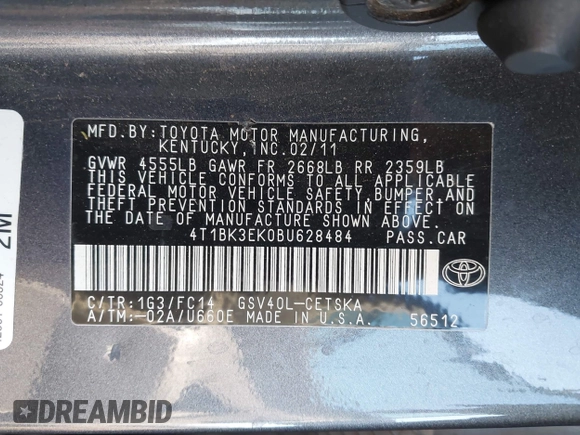 2011 Toyota Camry LE with VIN 4T1BK3EK0BU628484, listed as a IAAI auction lot 41842262 with 196,337 mi miles. Bid and sale history available at carsss.com. Image 9.