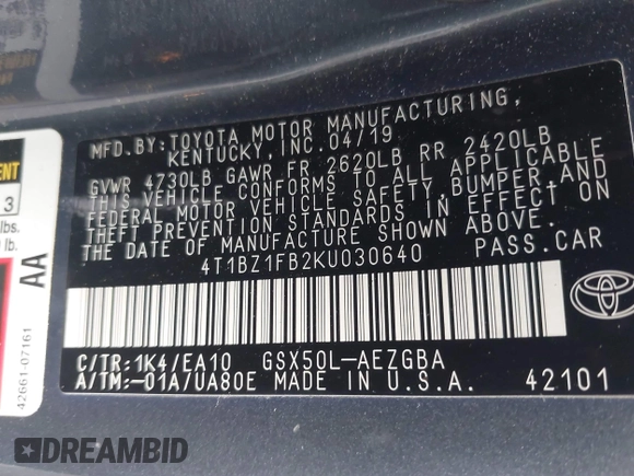 2019 Toyota Avalon XLE with VIN 4T1BZ1FB2KU030640, listed as a IAAI auction lot 41849810 with 44,531 mi miles. Bid and sale history available at carsss.com. Image 9.