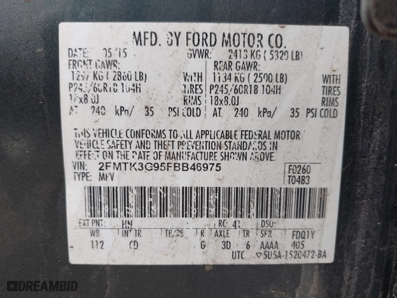 2015 Ford Edge SE with VIN 2FMTK3G95FBB46975, listed as a IAAI auction lot 41893777 with 221,328 mi miles. Bid and sale history available at carsss.com. Image 9.