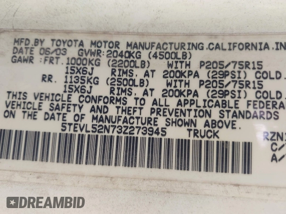 2003 Toyota Tacoma with VIN 5TEVL52N73Z273945, listed as a IAAI auction lot 42648539 with 204,657 mi miles and . Bid and sale history available at DreamBid. Image 9.