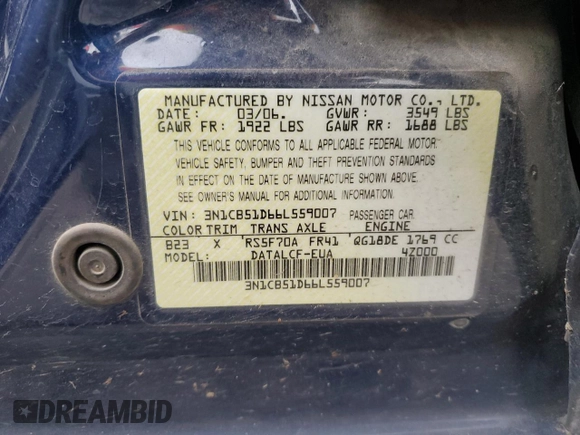 2006 Nissan Sentra S with VIN 3N1CB51D66L559007, listed as a Copart auction lot 49656525 with 125,013 mi miles and Salvage Title. Bid and sale history available at DreamBid. Image 12.