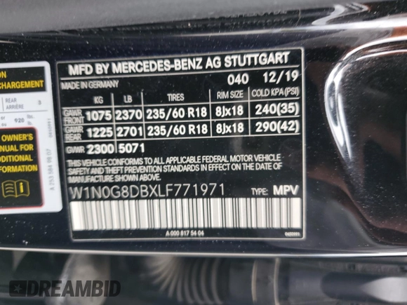 2020 Mercedes-Benz GLC 300 with VIN W1N0G8DBXLF771971, listed as a Copart auction lot 56992325 with 77,251 mi miles and Salvage title. Bid and sale history available at DreamBid. Image 13.
