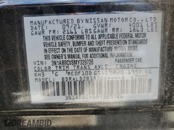 2021 Nissan Sentra SV with VIN 3N1AB8CV8MY329726, listed as a Copart auction lot 56601225 with 51,856 mi miles and Salvage Title. Bid and sale history available at DreamBid. Image 12.