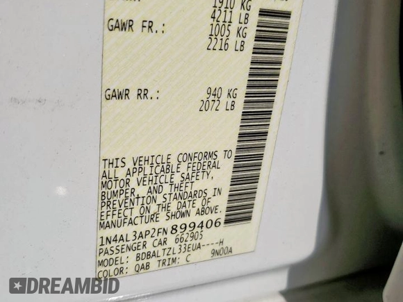 2015 Nissan Altima 2.5 with VIN 1N4AL3AP2FN899406, listed as a Copart auction lot 59684015 with 140,965 mi miles and Salvage title. Bid and sale history available at DreamBid. Image 12.