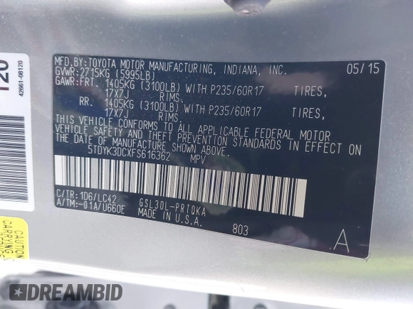2015 Toyota Sienna XLE with VIN 5TDYK3DCXFS616362, listed as a IAAI auction lot 38882716 with Not Provided miles and . Bid and sale history available at DreamBid. Image 9.