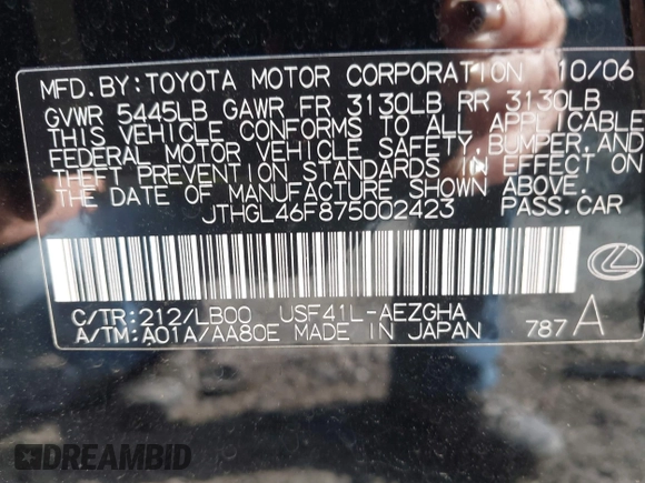 2007 Lexus LS 460 L with VIN JTHGL46F875002423, listed as a IAAI auction lot 41936798 with 116,336 mi miles and . Bid and sale history available at DreamBid. Image 9.