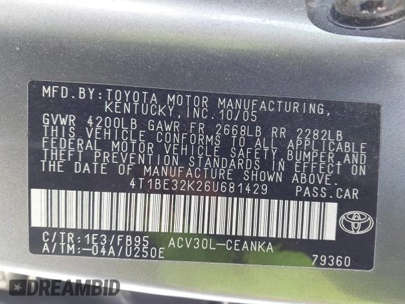 2006 Toyota Camry STD with VIN 4T1BE32K26U681429, listed as a IAAI auction lot 41526877 with 0 mi miles. Bid and sale history available at carsss.com. Image 9.