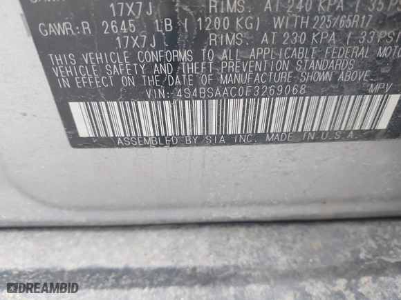 2015 Subaru Outback 2.5i with VIN 4S4BSAAC0F3269068, listed as a IAAI auction lot 41672708 with 169,591 mi miles. Bid and sale history available at carsss.com. Image 9.