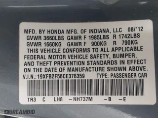 2012 Honda Civic Sdn LX with VIN 19XFB2F56CE376359, listed as a IAAI auction lot 41549725 with 1 mi miles. Bid and sale history available at carsss.com. Image 9.