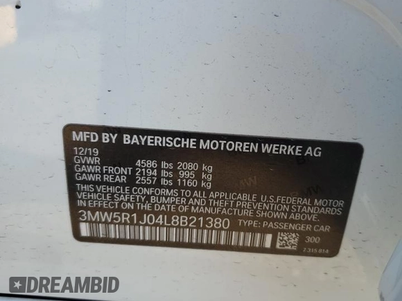 2020 BMW 3 Series 330i with VIN 3MW5R1J04L8B21380, listed as a Copart auction lot 42872005 with 89,553 mi miles and Salvage Title. Bid and sale history available at carsss.com. Image 14.