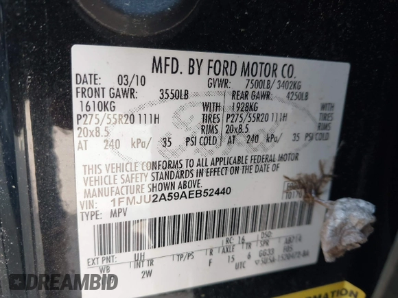 2010 Ford Expedition Limited с VIN 1FMJU2A59AEB52440, выставлен на аукционе IAAI как лот 42118480 с пробегом 155 858 миль миль и . История ставок и продаж доступна на DreamBid. Изображение 9.