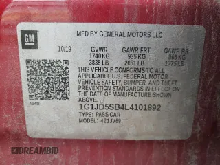 2020 Chevrolet Sonic LT with VIN 1G1JD5SB4L4101892, listed as a Copart auction lot 60486455 with 88,142 mi miles and Salvage title. Bid and sale history available at DreamBid. Image 12.
