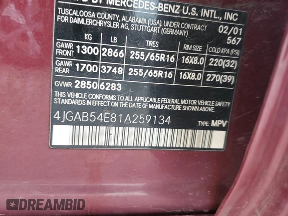2001 Mercedes-Benz M 320/430/500 z VIN 4JGAB54E81A259134, wystawiony jako Copart lot #55499565 z przebiegiem 294 315 mil mil oraz Szkoda całkowita • Salvage title. Historia ofert i sprzedaży dostępna na DreamBid. Obrazek 13.