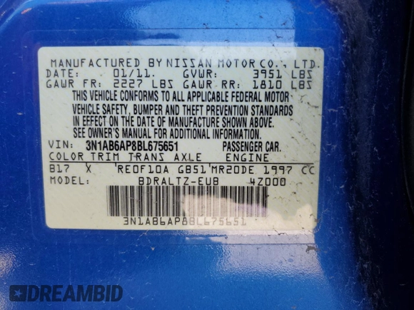2011 Nissan Sentra SR with VIN 3N1AB6AP8BL675651, listed as a Copart auction lot 51504035 with 122,449 mi miles and Salvage Title. Bid and sale history available at DreamBid. Image 14.