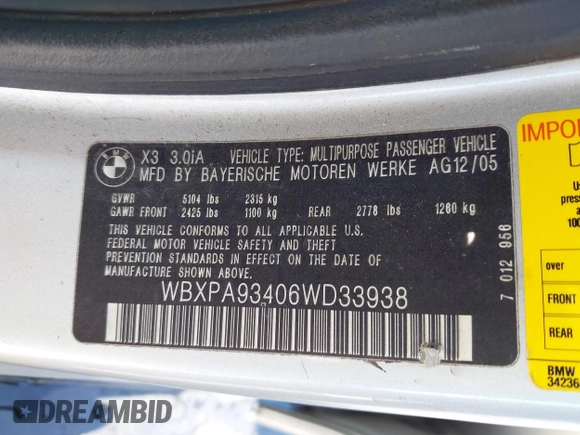 2006 BMW X3 3.0i z VIN WBXPA93406WD33938, wystawiony jako IAAI lot #42342328 z przebiegiem 198 796 mil mil oraz . Historia ofert i sprzedaży dostępna na DreamBid. Obrazek 9.