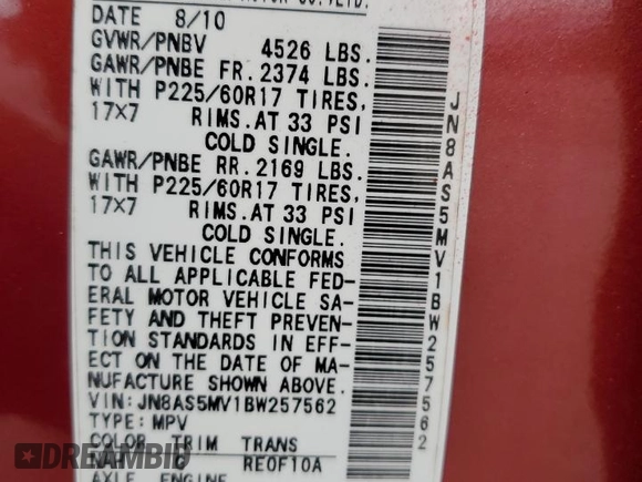 2011 Nissan Rogue SV z VIN JN8AS5MV1BW257562, wystawiony jako Copart lot #60112535 z przebiegiem 67 929 mil mil oraz Szkoda całkowita • Salvage title. Historia ofert i sprzedaży dostępna na DreamBid. Obrazek 14.