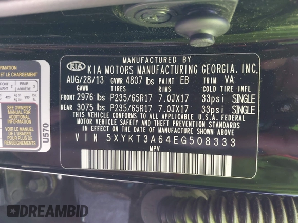 2014 Kia Sorento LX with VIN 5XYKT3A64EG508333, listed as a IAAI auction lot 42107255 with 150,600 mi miles. Bid and sale history available at carsss.com. Image 9.